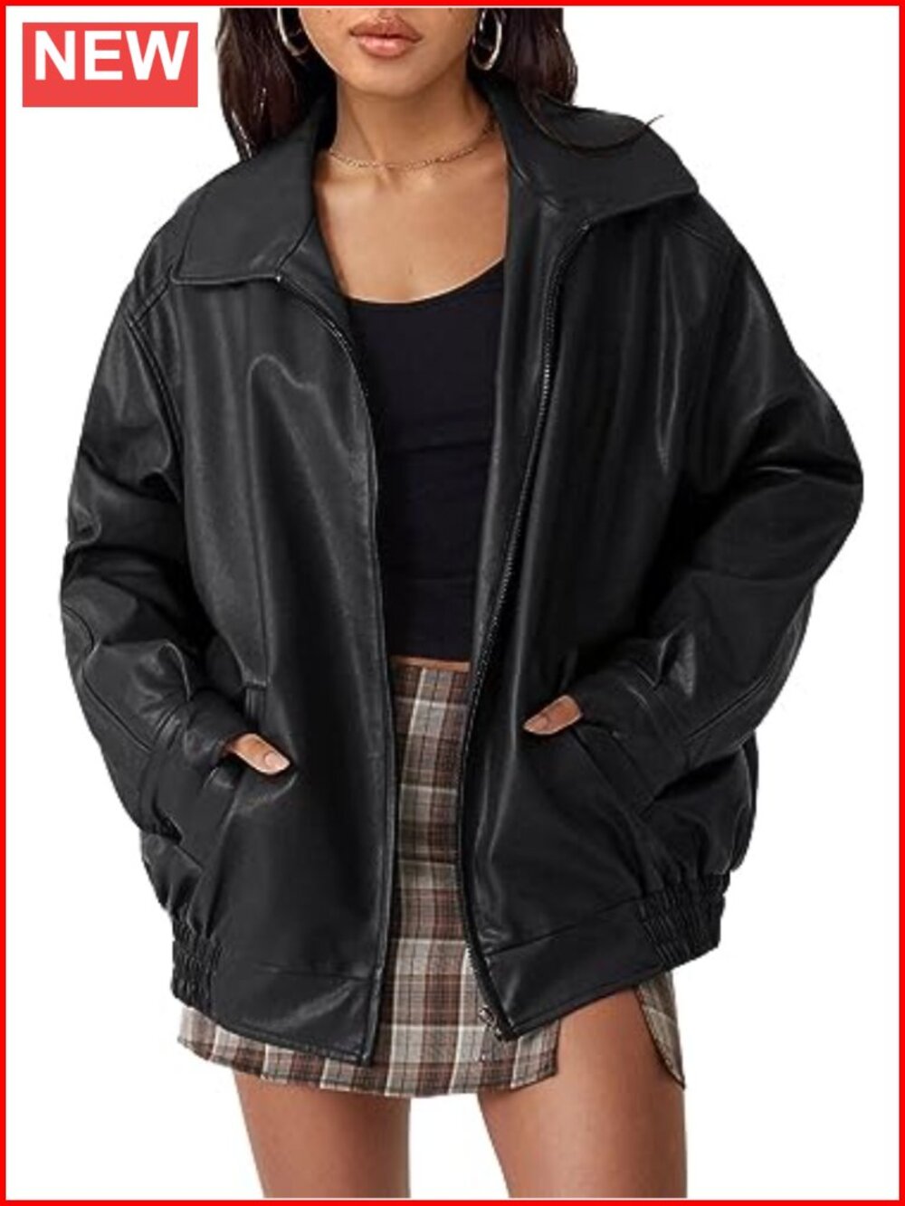 Women's Oversized Faux Leather Motorcycle Jacket Zip Up